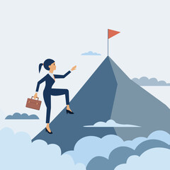 Businesswomen climbing mountains to the flag go to success. Woman leadership concept. woman with flag on the mountain and sky background. success business flat cartoon vector illustration