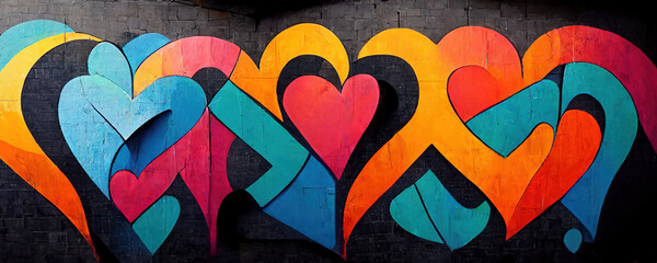 graffiti with a heart shape as a love symbol on black wall , Generative AI - obrazy, fototapety, plakaty