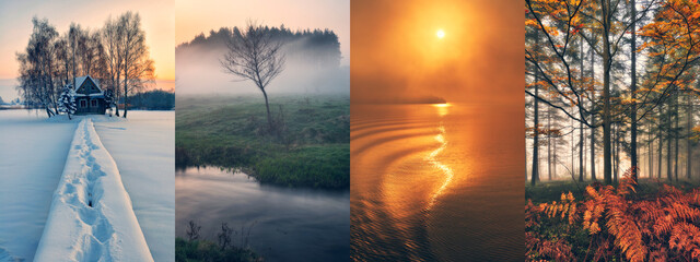 Four Seasons Collage - Spring, Summer, Autumn, Winter. landscape of Ukraine