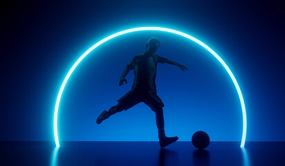 Silhouette of a football player kicking a ball with an abstract futuristic neon glow. 3D Rendering