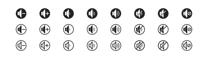 music and sound icon set, media player buttons, multimedia symbol, audio interface, speaker icon, silhouetes in circles