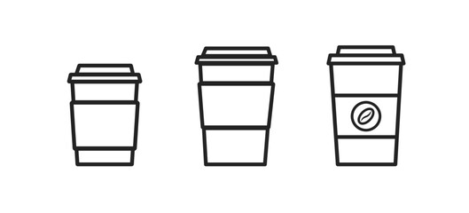 coffee cup icons set on white background, coffe break illustration, capuccino paper cup, morning enenrgy concept, latte sign, vector illustration