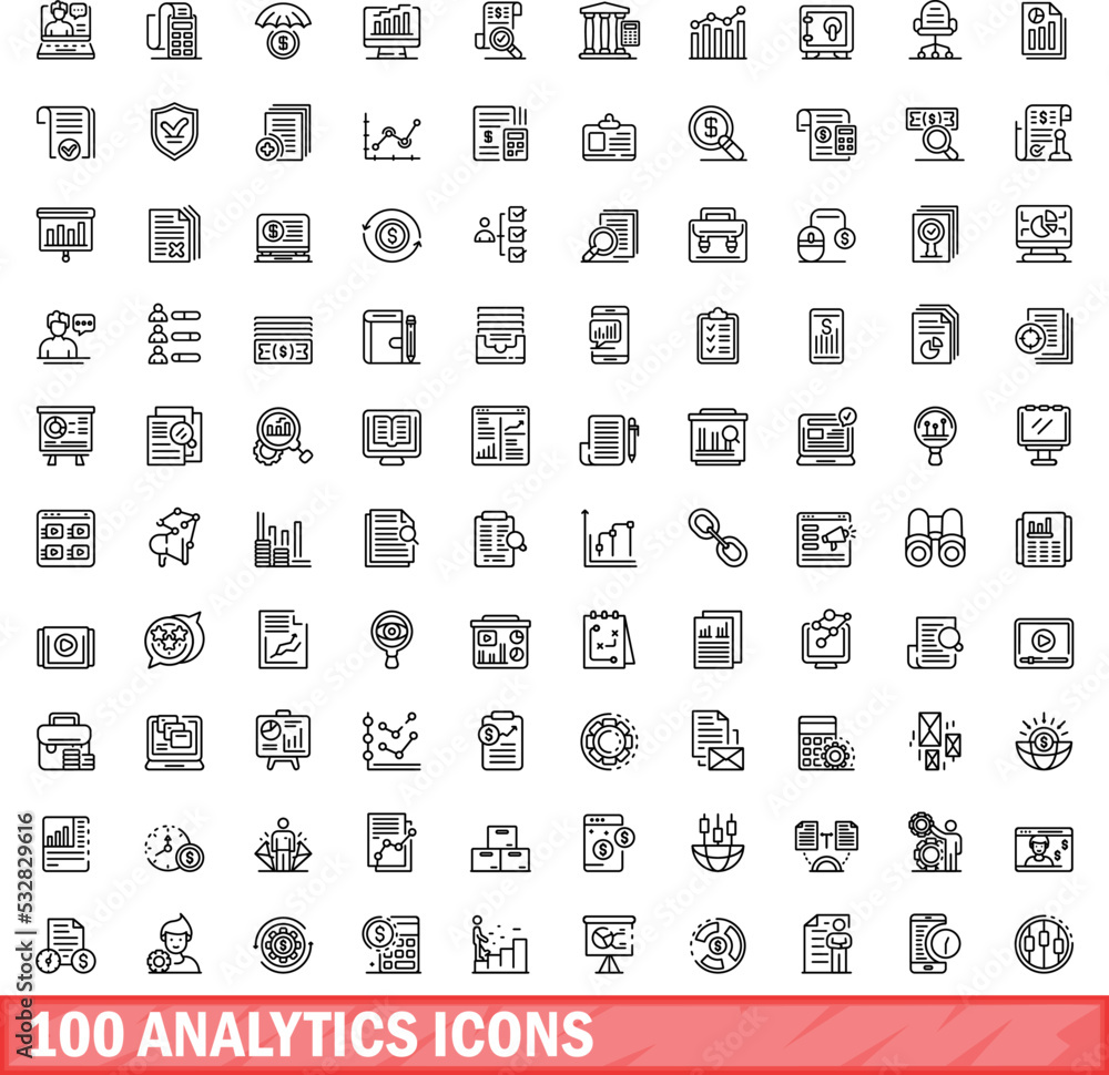 Poster 100 analytics icons set. outline illustration of 100 analytics icons vector set isolated on white ba