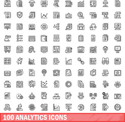 100 analytics icons set. Outline illustration of 100 analytics icons vector set isolated on white background - obrazy, fototapety, plakaty