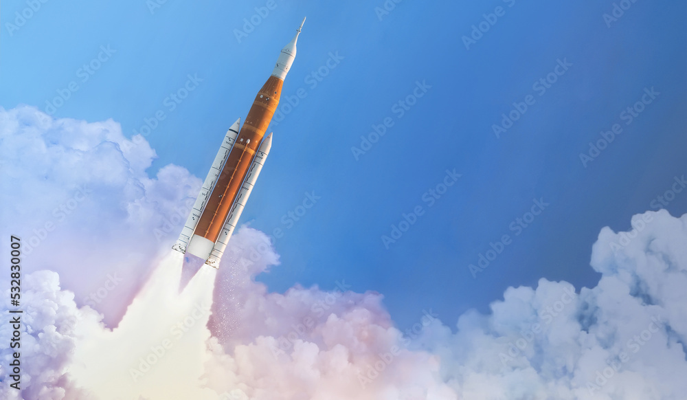 Leinwandbilder space launch system flight in space from earth. sls rocket in sky. mission on moon of orion spacecra