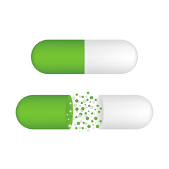 Capsule pill. Small balls pouring from an open medical capsule.  stock illustration.