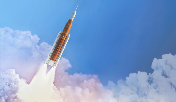 Space launch system flight in space from Earth. SLS rocket in sky. Mission on Moon of Orion spacecraft. Spaceship take off. Artemis space program. Elements of this image furnished by NASA