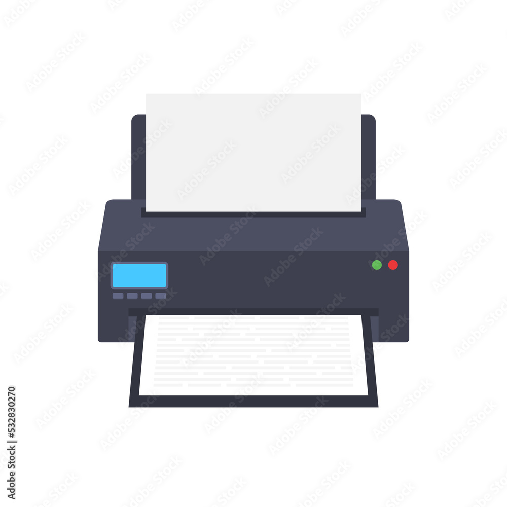 Poster flat printer icon. printer with paper a4 sheet and printed text document. stock illustration.