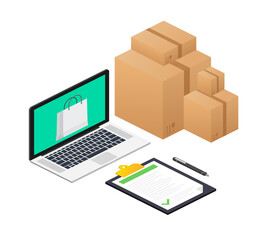 Online shopping e-commerce concept with online shopping and marketing icon.  stock illustration.