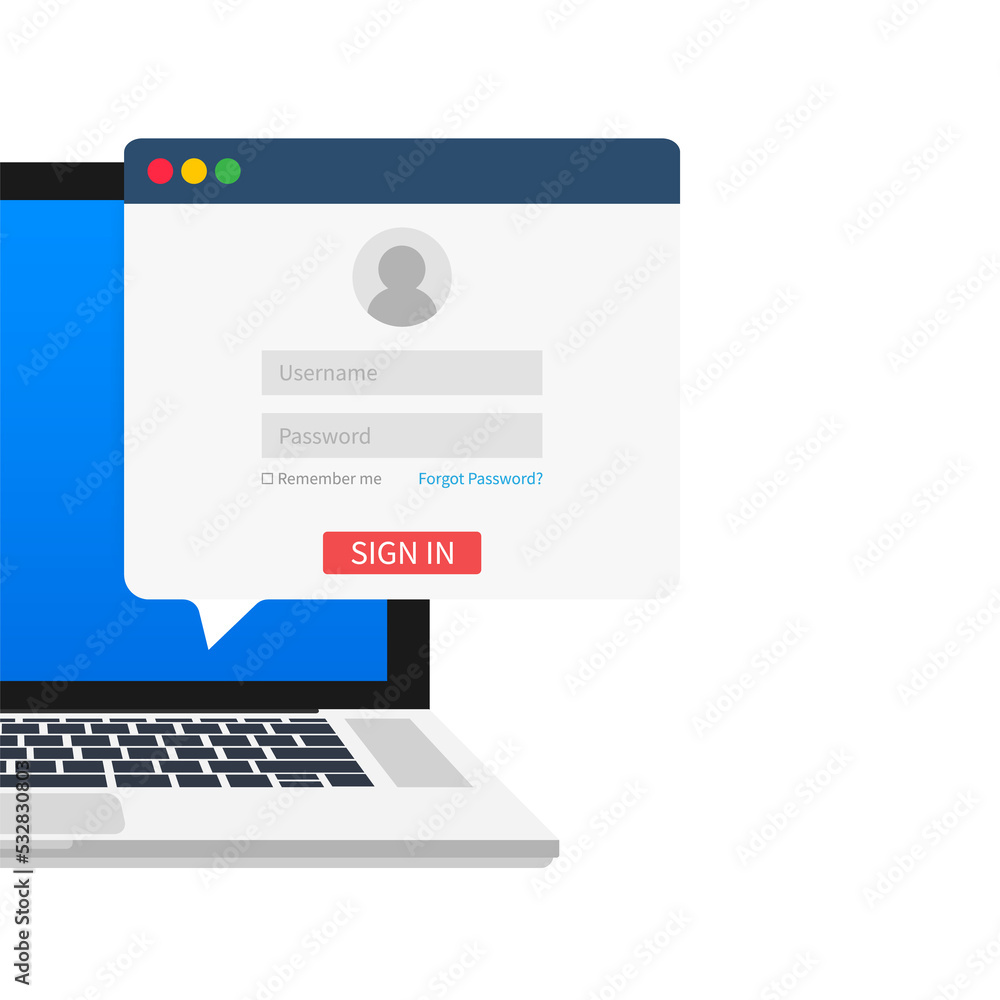 Poster sign in to account, user authorization, login authentication page concept. laptop with login and pas
