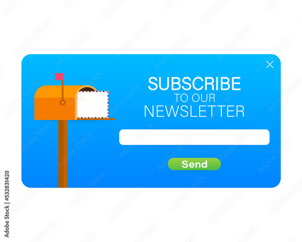Poster email subscribe, online newsletter template with mailbox and submit button. stock illustration.