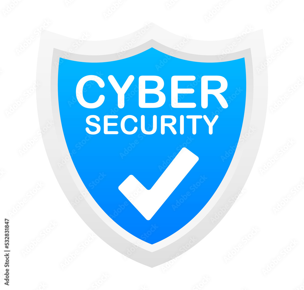 Poster cyber security logo with shield and check mark. security shield concept. internet security. stock il