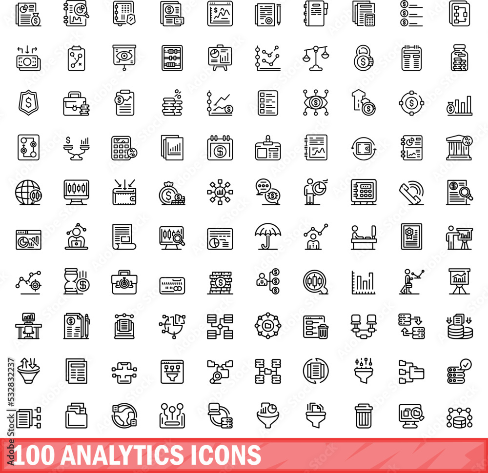 Poster 100 analytics icons set. outline illustration of 100 analytics icons vector set isolated on white ba