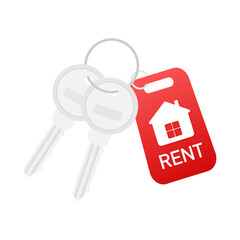 For rent house, concept. Real estate agent holds the key from the home. Template for sale, rent home.  illustration