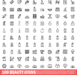 100 beauty icons set. Outline illustration of 100 beauty icons vector set isolated on white background