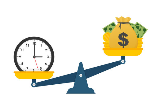 Time is money on scales icon. Money and time balance on scale.  illustration.