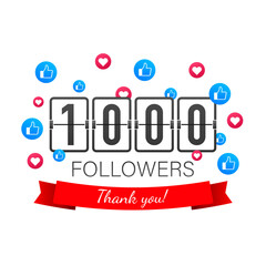 1000 followers, Thank You, social sites post. Thank you followers congratulation card.  stock illustration