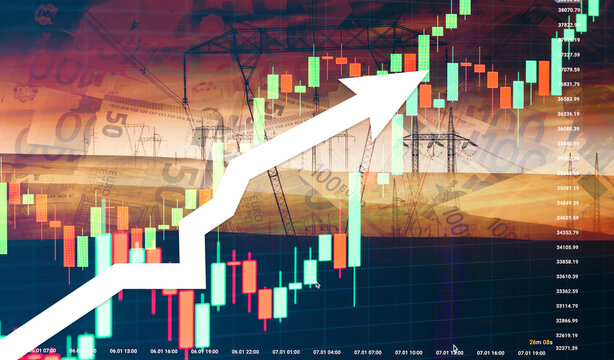 Europe energy crisis. Concept of horrendous energy price increases. Double exposure of the stock chart and energy pylons. - Powered by Adobe