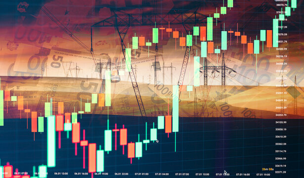 Europe energy crisis. Concept of horrendous energy price increases. Double exposure of the stock chart and energy pylons. - Powered by Adobe