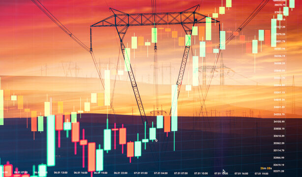 World energy crisis. Concept of horrendous energy price increases. Double exposure of the stock chart and energy pylons.