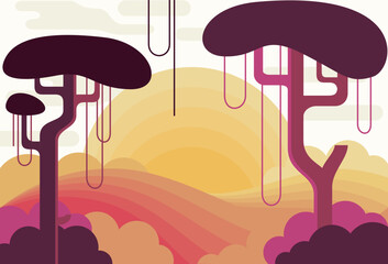 Landscape panorama morning in the jungle sunrise, two trees in vines. Vector illustration