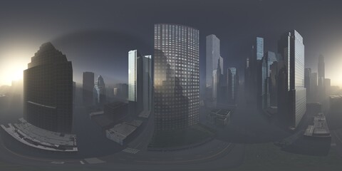 Panorama of the city. HDRI, environment map , Round panorama, spherical panorama, equidistant projection, panorama 360, cityscape, 3d rendering