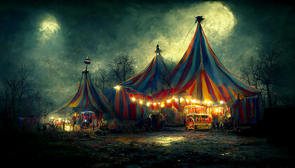 halloween haunted circus at night's end digital illustration, created with generative ai - obrazy, fototapety, plakaty