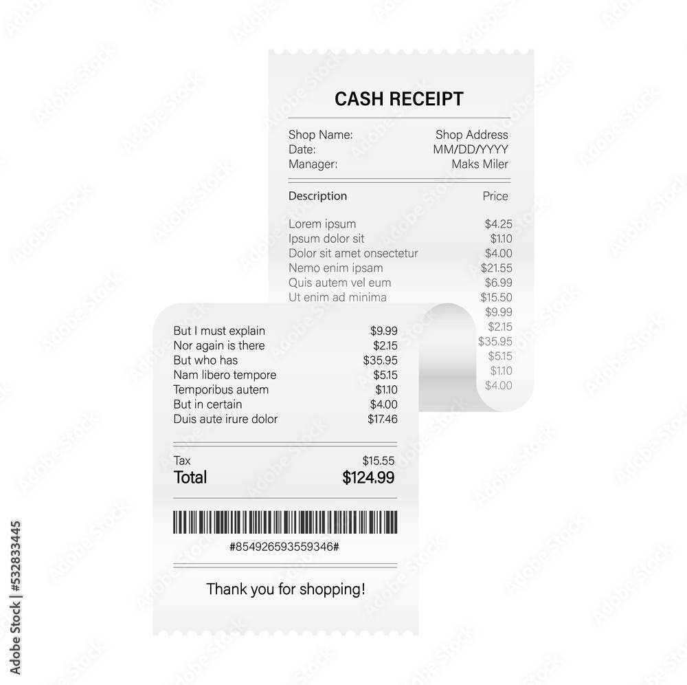 Wall mural Receipts  illustration of realistic payment paper bills for cash or credit card transaction.  stock illustration.