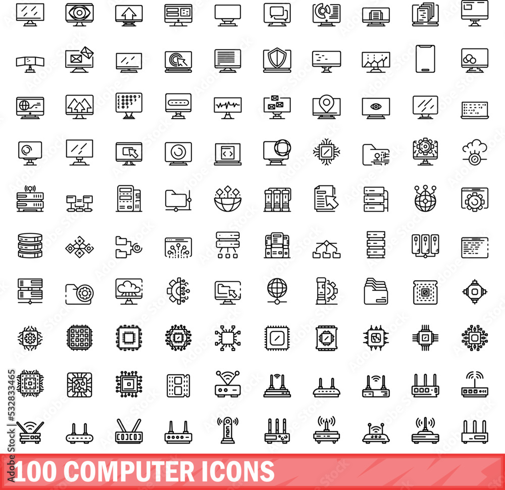Poster 100 computer icons set. outline illustration of 100 computer icons vector set isolated on white back