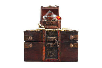Two antique wooden treasure chests, jewelry boxes with sparkling diamonds and pearls, isolated.