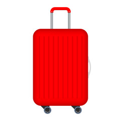 Red travel plastic suitcase with wheels realistic on white background.  stock illustration