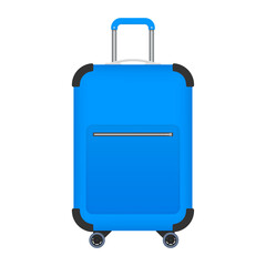 Blue travel plastic suitcase with wheels realistic on white background.  stock illustration