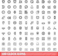 100 clock icons set. Outline illustration of 100 clock icons vector set isolated on white background