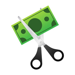 Scissors cutting money bill in flat style. Price, cost reduction or cut price.  stock illustration.