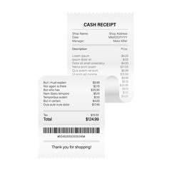 Receipts  illustration of realistic payment paper bills for cash or credit card transaction.  stock illustration.