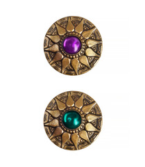 Two isolated vintage boho style buttons or brooches, fashion accessories.