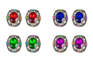 Set of luxurious earrings with precious gems, four colors, isolated.