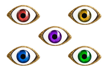 Five decorative eyes of different colors, eye shaped rings, isolated
