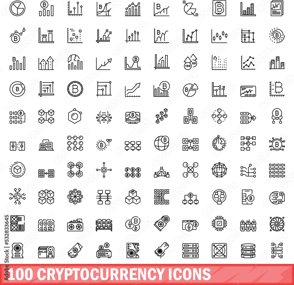 Wall mural 100 cryptocurrency icons set. outline illustration of 100 cryptocurrency icons vector set isolated o - Wall murals