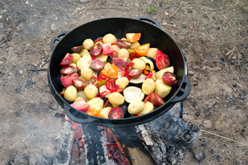 Cooking, stewing fresh vegetables, vegetable stew in a round cast-iron cauldron on a fire.