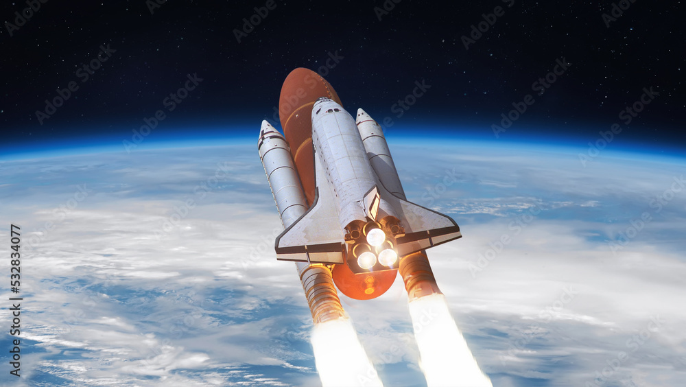 Poster space shuttle flight in space from earth. spaceship in sky. spacecraft launch. elements of this imag