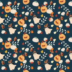Halloween seamless pattern, the ghost sheet who wears a black witch hat, cute pumpkin, colorful leaves and cupcake with dark navy blue background.