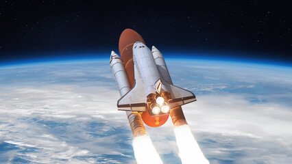 Space shuttle flight in space from Earth. Spaceship in sky. Spacecraft launch. Elements of this image furnished by NASA