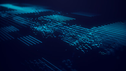 Dynamic flow of digital particles. The network connection failed. Abstract technological blue background. Visualization of big data. 3d rendering.