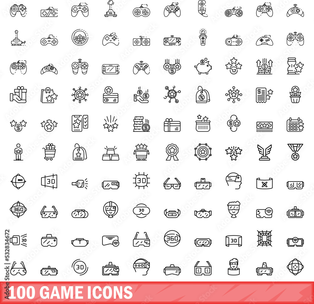 Poster 100 game icons set. outline illustration of 100 game icons vector set isolated on white background