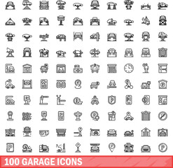 100 garage icons set. Outline illustration of 100 garage icons vector set isolated on white background