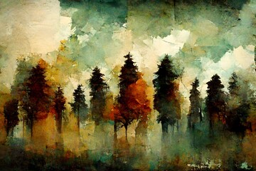 Abstract art painting of trees, forest - grunge and  earth tones