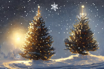 Dreamy Christmas tree with Christmas decorations in a snowy winter landscape digital painting - illustration