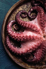 Boiled octopus, close-up, rustic style, no people, top view, close-up,