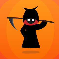 Halloween-illustration-of-a-mascot-with-cartoon-fangs-on-his-shoulder-wielding-a-scythe.